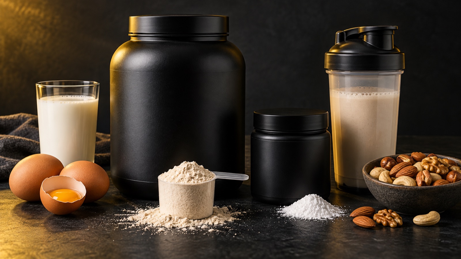 Whey protein, creatine and natural protein foods representing evidence-based fitness supplementation.